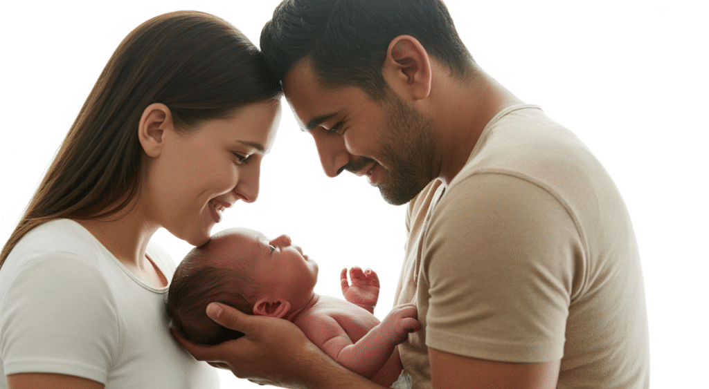 Egg donation success: Couple with newborn baby.