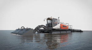 Self-propelled dredge navigating a waterway