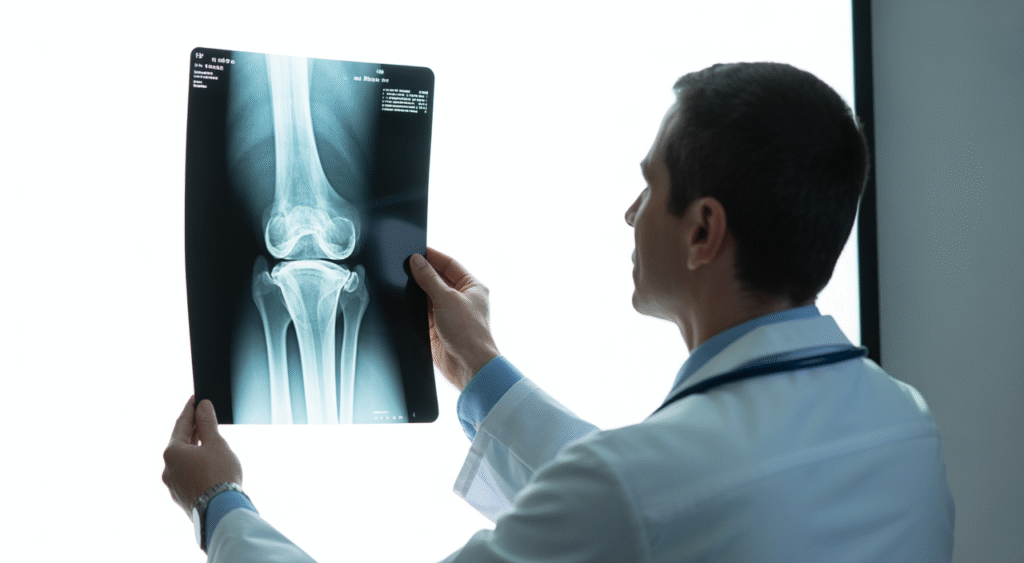 Orthopedic doctor examining knee x-ray