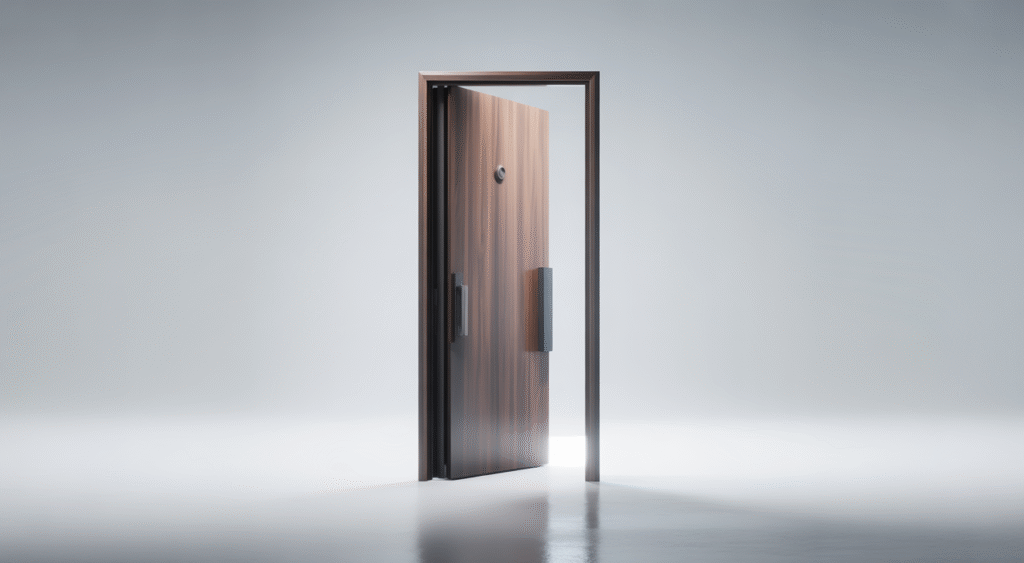 Modern custom security door with a wood veneer finish, showcasing robust construction and elegant design in a luxury setting.