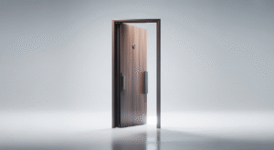 Modern custom security door with a wood veneer finish, showcasing robust construction and elegant design in a luxury setting.